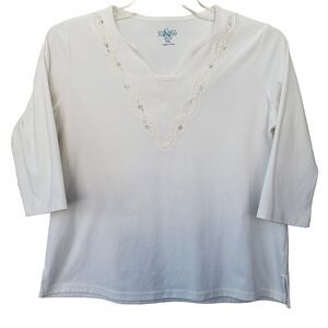 Hillard & Hanson White Cotton Blend Embellished 3/4 Sleeve T-Shirt Size PXL
